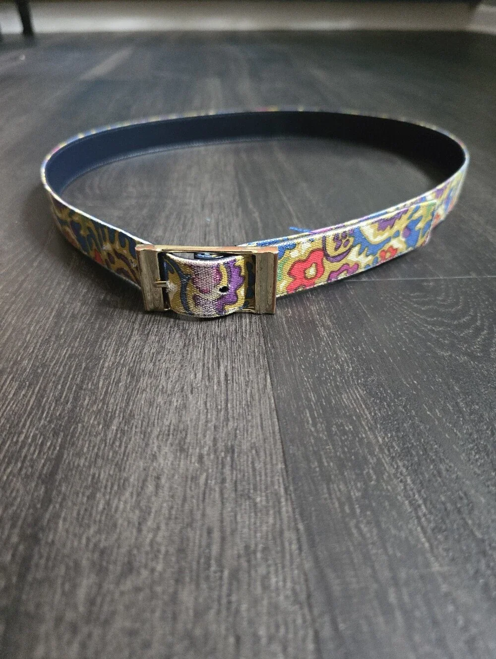 Reversible Belt Navy Leather Abstract Floral Print Gold Buckle Vintage 1
